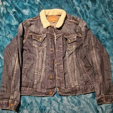 Red Camel Men's Denim Faded Trucker Jacket Sherpa Collar Handcrafted Extra Large