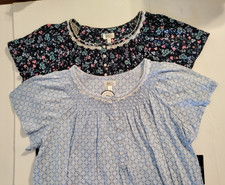 Aria Women 2X Blue Floral Cotton Knit Nightgown Pockets Lace Smocking Lot Of 2