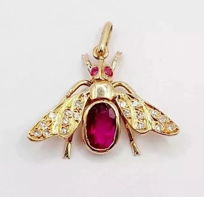 1.30Ct Oval Cut Lab Created Pink Ruby Honey Bee Pendant 14K Yellow Gold Plated
