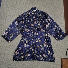 Vtg Christian Dior Silk Satin Floral Robe Kimono Nightgown With Pockets Navy