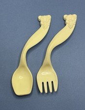 Vintage Tommee Tippee Curved Baby Fork And Spoon Set Bear Top Design