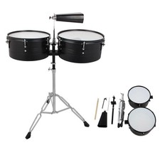 Percussion 13"  14" Timbales Drum Set with Stand and Cowbell   Black 