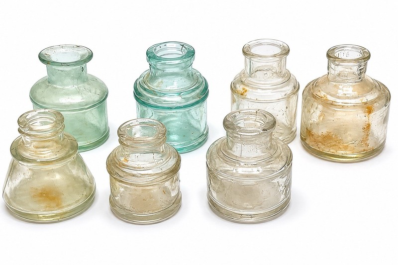 Antique Mixed Lot Glass Inkwells Ink Bottles Sanford Shaffer LH Thomas & Co 7 Pc