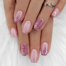 Glitter Ombre Press on Nails Short Square - WLGDLH Pink Fake Design pink15