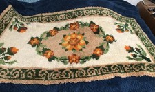 Large Vintage Latchook Rug Ivory Orange Green 32x60