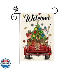 Winter Christmas Garden Flag, Red Truck with Holiday Elements, 12