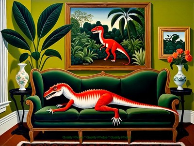 Scarlet Lounge Lizard at Home on Couch 8.5x11'' Photo Print Rousseau/Harker Art