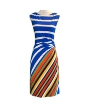Tahari Sleeveless Boat Neck Striped Ruched Side Buckle Jersey Dress. UK 10/US 6.