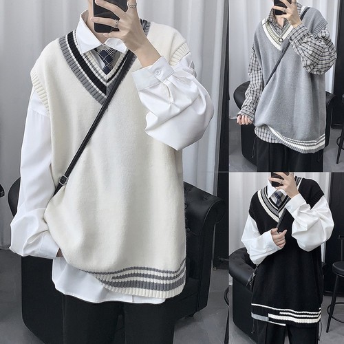 Mens Knitted V Neck Vest Stylish Sleeveless Pullover in Striped Design - Picture 3 of 24