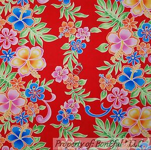 BonEful-Fabric-FQ-Cotton-Quilt-Red-PINK-Rainbow-Hawaii-Tropical-Hibiscus-Flower