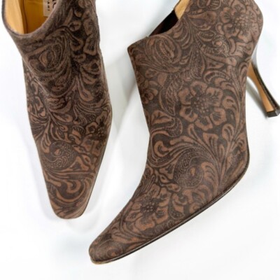 Isaac Mizrahi Brown Embossed Suede Ankle Booties with Heels, Made
