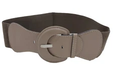 Women Fashion Elastic Fabric Dark Beige Belt Big Round Buckle Hip Waist XS S M