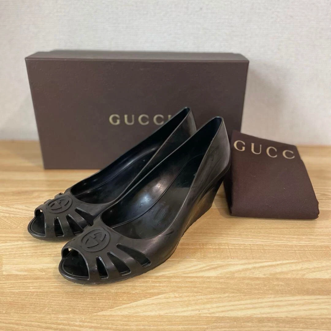 Sandales à bout ouvert en caoutchouc logo GUCCI GG semelle compensée mules escarpins chaussures femmes EU 37