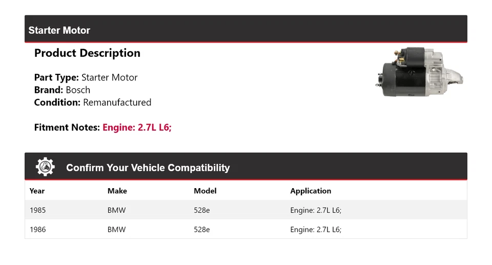 Arranque Bosch para BMW 528e 1985-1986 2,7 L L6 (remanufacturado) Foto 2 de 4