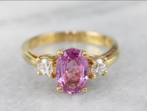 Oval Cut 3.50 Ct Pink Sapphire Lab Created Engagement Ring 14kYellow Gold finish