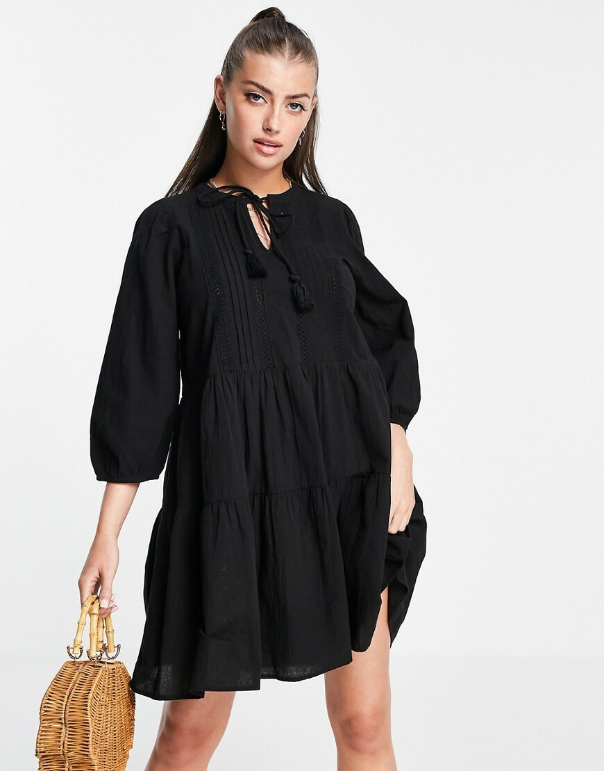 Vero Moda cotton mini tie neck smock Dress in Black Vero Moda cotton mini tie neck smock Dress in Black