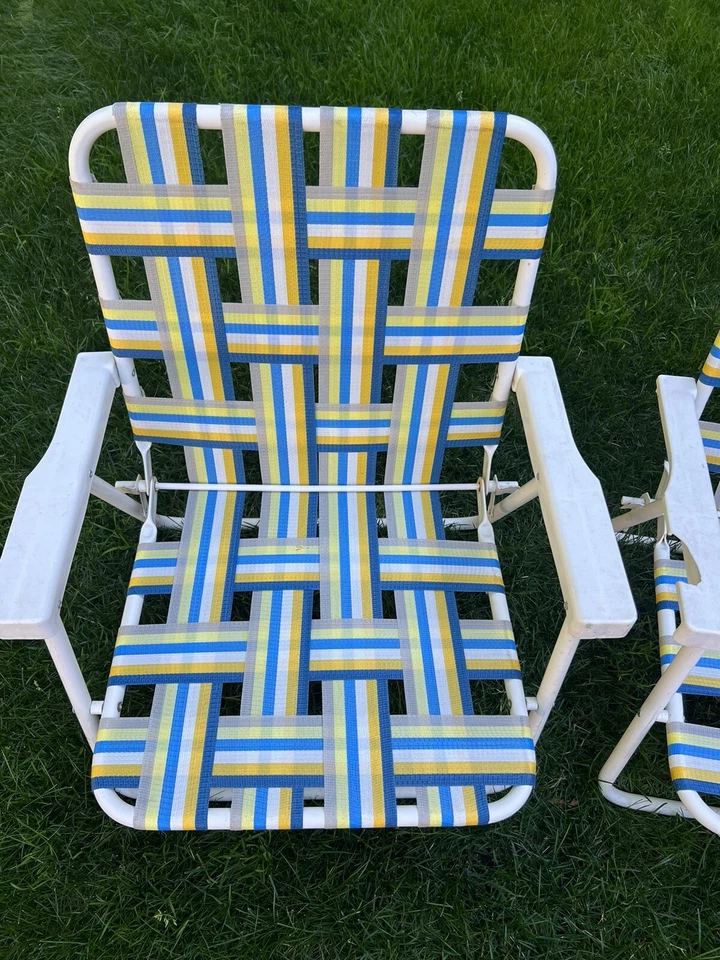 2 Винтажный складной газон стулья с желтый, белый, синий лямки лагерь патио пляж - Изображение 3 из 4