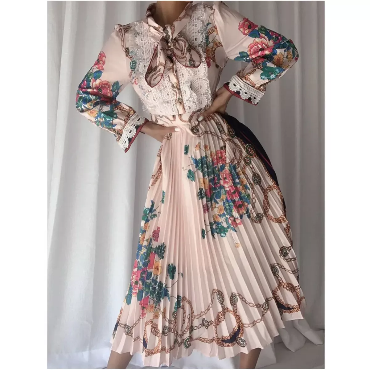 Dalia MacPhee Terese Long Sleeve Pleated Midi Dress Womens Size M Pink  Floral | eBay