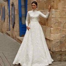 High Neck Full Sleeves Sequined Lace Applique Button Back Muslim Wedding Dress