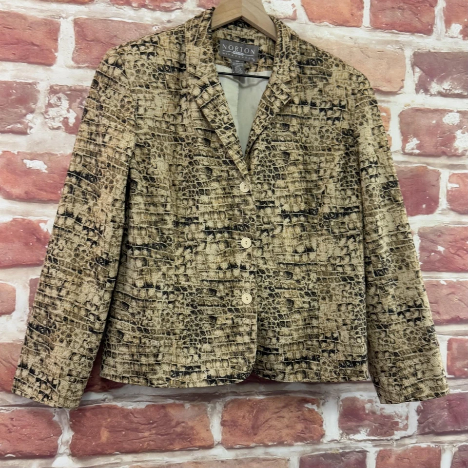 Blazer Norton McNaughton Mujer 10P Tostado Negro Abstracto Estampado Animal Chaqueta De Colección Foto 2 de 4