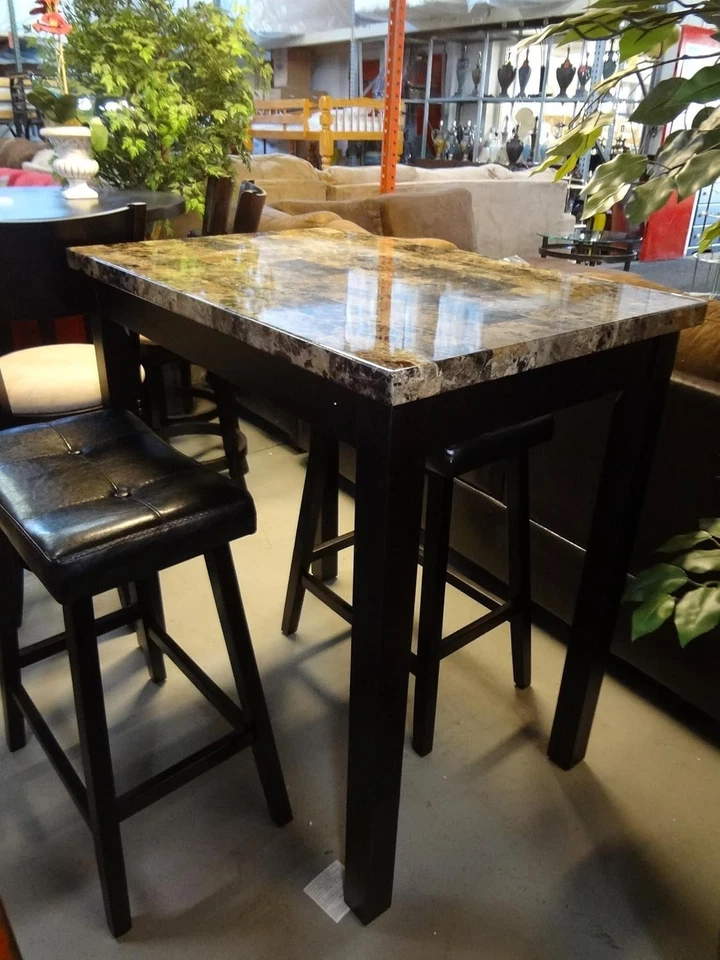 Mesa de desayuno de mármol con estampado brillante de altura de mostrador de 3 piezas con taburetes Foto 2 de 4