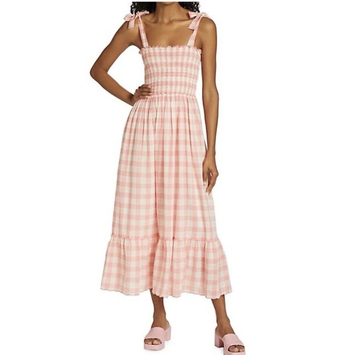 The Great Lagoon Gingham Midi Dress Women’s 2 Pink Linen Smocked Cottagecore