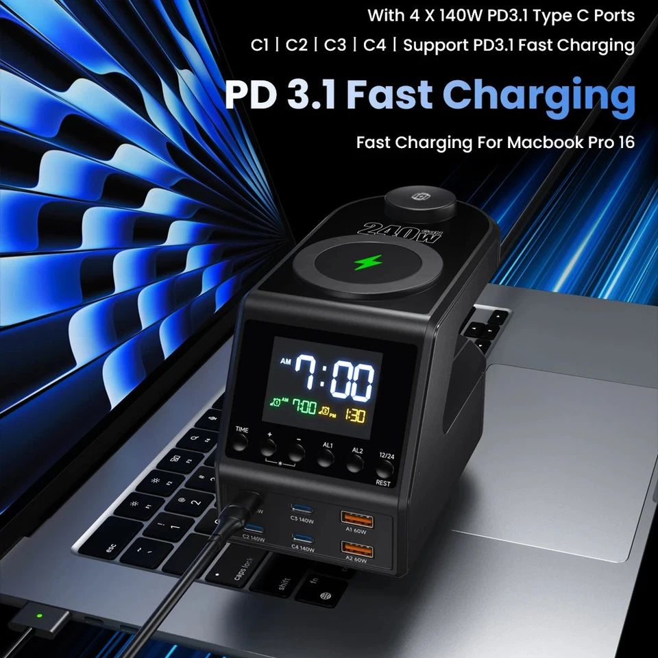 240W Multi USB Type C PD 140W Fast Charger Station Wireless Charger Time Display - Image 3 of 4