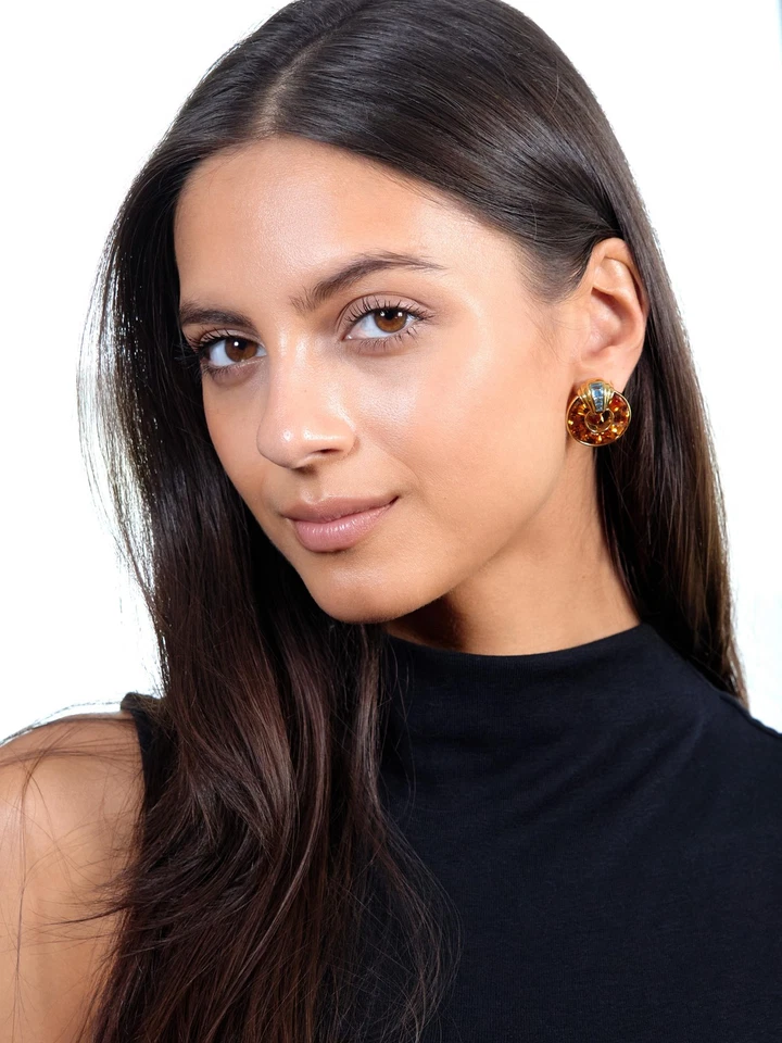 Pendientes de disco geométrico vintage de oro de 18 quilates con topacio citrino de 14,60 CTW de la década de 1980 Foto 2 de 4