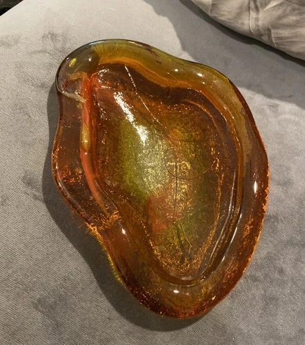 Vintage Blenko Amberina Free Form Bowl  Ashtray 9” Orange Amber Glass MCM Decor