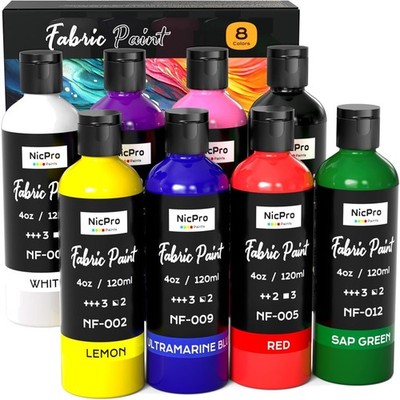 Ungiftige, Waschmaschinenfeste Textilfarbe   120ml in 8 glänzenden Farben