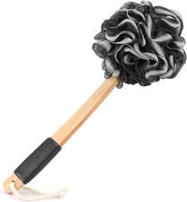 Black Loofah on a Stick PE Soft Mesh Luffa with Non-Slip Wooden Handle Made of S