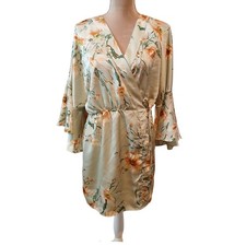 Lulus M Sage Green Floral Satin Wrap Dress Bell Sleeve V-Neck Mini Feminine