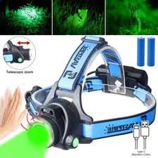 Hunting Green Light LED Head Torch Sensor USB Charging Headlamp Zoomable Lamp US