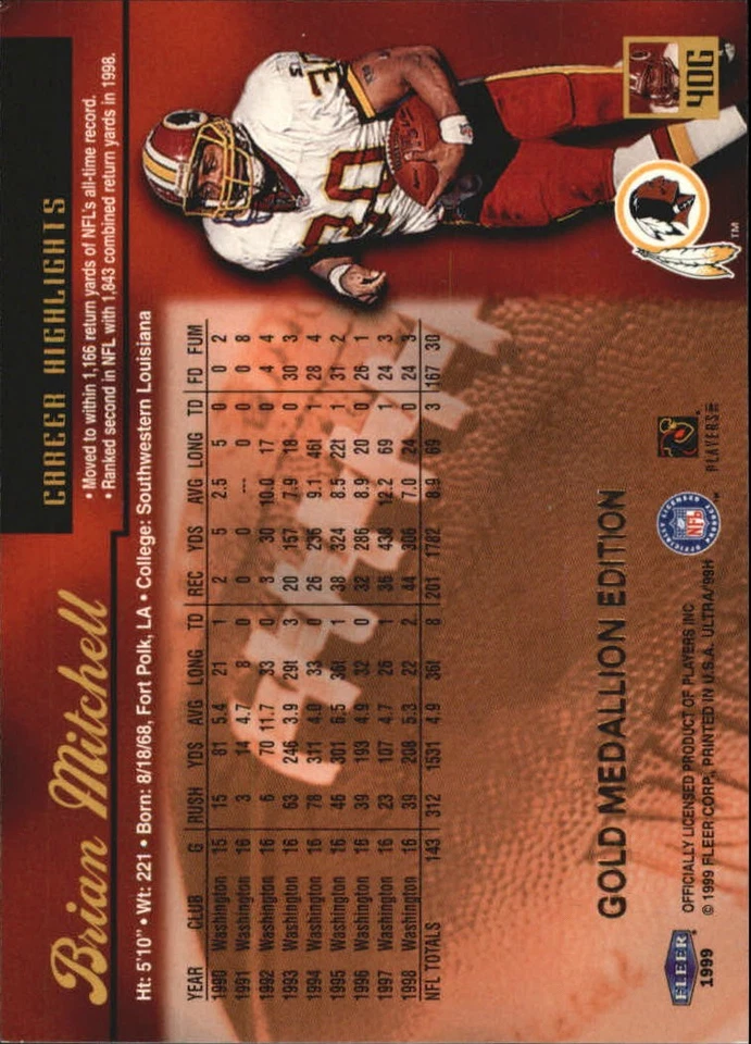 1999 Ultra Gold Medallion #40 Brian Mitchell - FB - Image 2 of 2