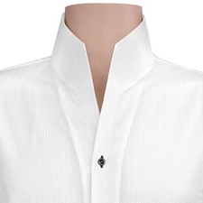 Tuxedo Dress High Open Collar Tall Neck White Seersucker Black Buttons Men Shirt