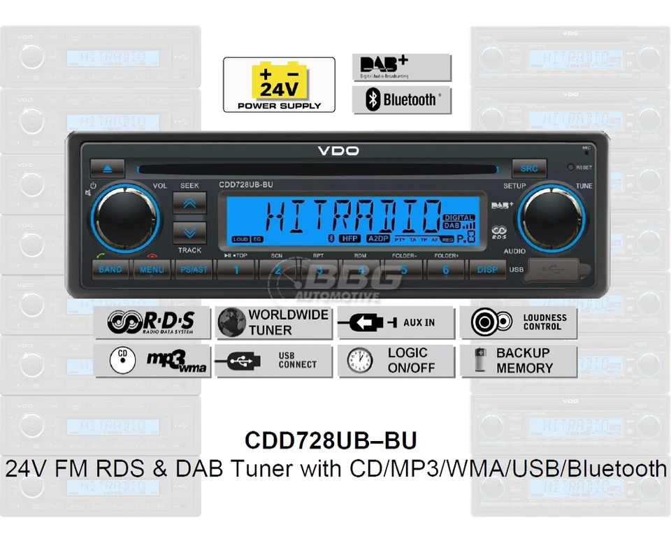 24 Volt Bluetooth Radio LKW RDS DAB Tuner CD MP3 WMA USB Truck Bus CDD728UB-BU - Bild 2 von 4