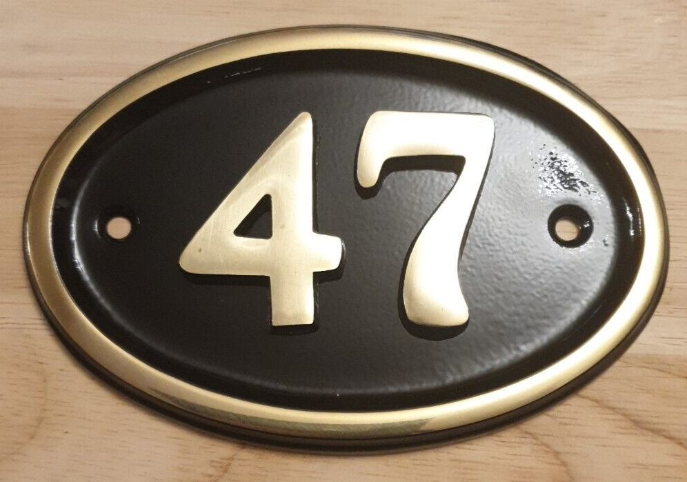Polished Brass Sign House Number Plate Black/Gold Oval No 47 (15cm x 10cm)