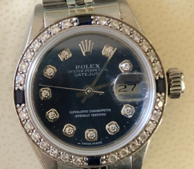 LADIES ROLEX DIAMOND SAPPHIRE DATEJUST 18K WHITE GOLD & STEEL BLUE DIAL WATCH