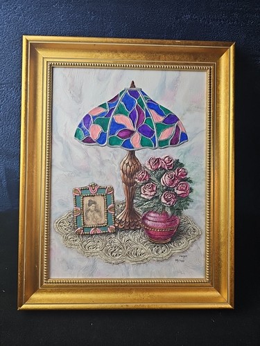 VINTAGE Tiffany style Lamp Rose Puffy 3D Art Lydia Cooper Solid frame 35/750 - Picture 2 of 15