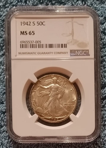 1942-S Walking Liberty half dollar, NGC MS65; scarce as a Gem Unc, wartime issue