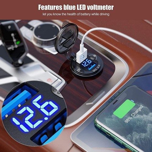 Prise allume-cigare voiture double port USB aluminium 12V-24V prise voltmètre LED - Photo 4 sur 26