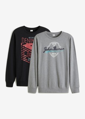 Herren Sweatshirt mit Komfortschnitt Gr. 48/50 (M) Hellgrau Meliert+Schwarz Neu