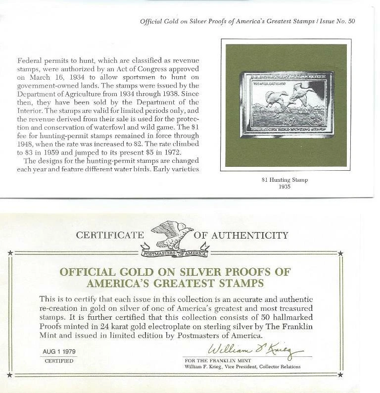 1935 United States $1 Hunting Stamp 24 Karat Gold Over Solid Silver - Image 2 of 2