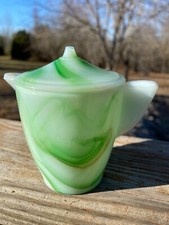 Akro Agate Slag Glass Green  Brown Small Interior Panel Teapot Rare Multicolor