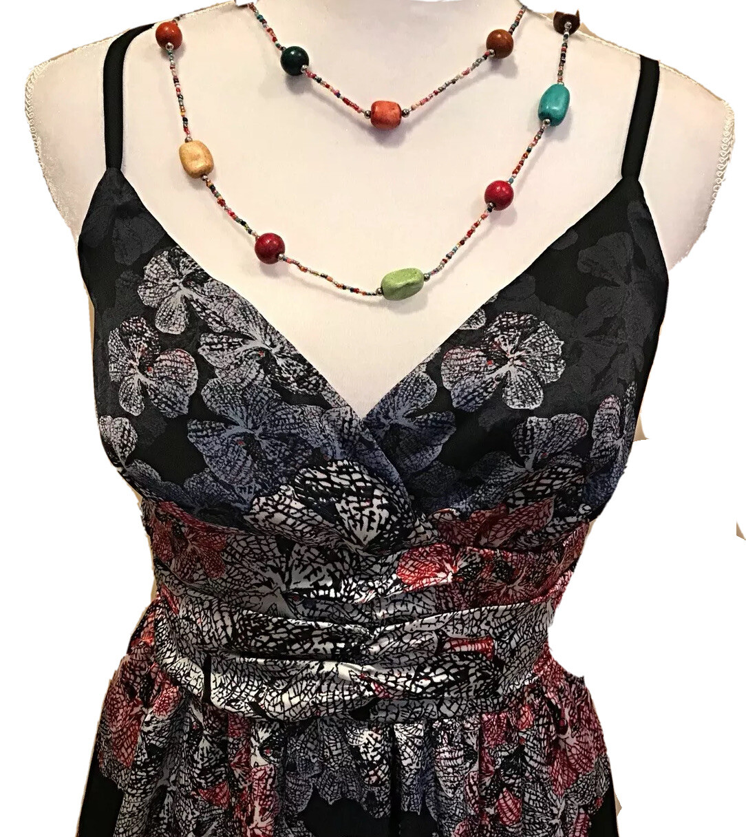 Imaginary Voyage Sexy Satin  Slip Dress Spaghetti Strap Black Floral Boho Sz L