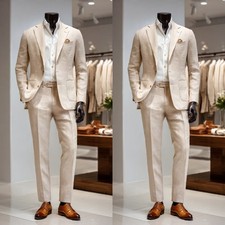 Linen 2Pcs Men's Suits Casual Coat Blazer Beach Beige Summer Business Jacket