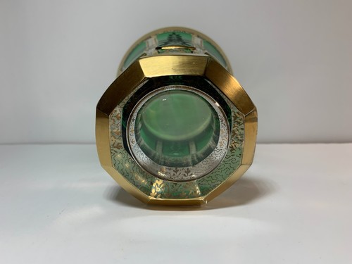 Moser Bohemian Czech Gold & Emerald Green Engraved Flowers Cabochon Glass Vase - Picture 11 of 13