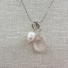 Vintage Y2K Rose Quartz Pearl Teardrop Pendant Necklace Silver Tone Jewelry