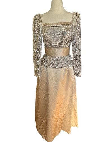 Vintage 70’s ESTEVEZ Gown Champagne Silver Sequins Pockets Sz 6 Peplum Glam 24” - Picture 2 of 11
