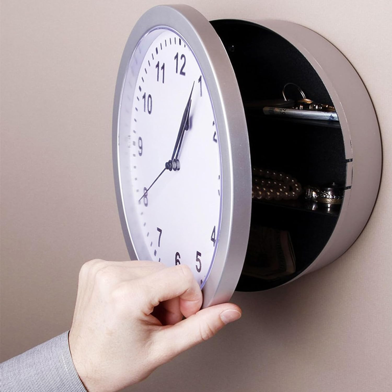 Hidden Safe Wall Clock 10 in Silver Gold Secret Storage Roman Number Dial Shelf